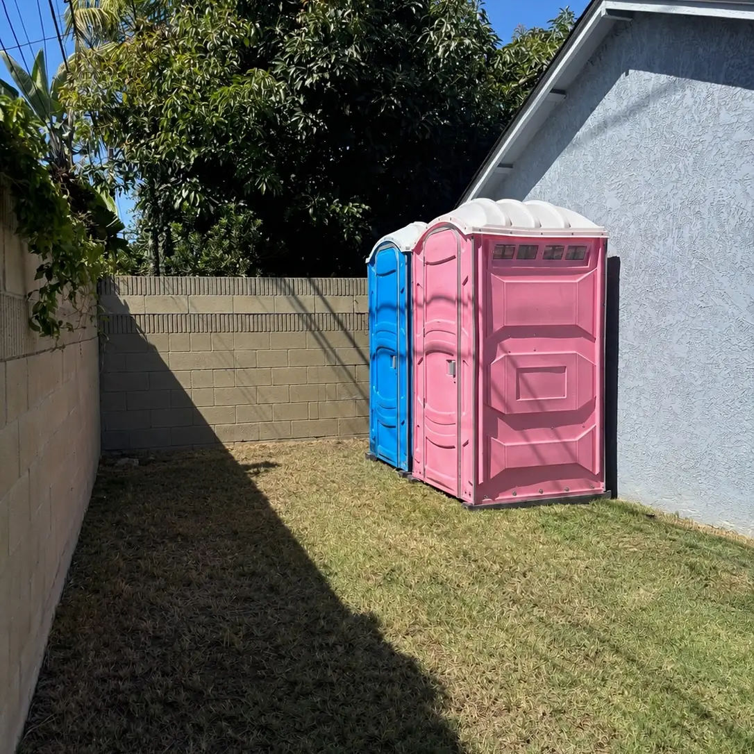 Blue and pink units set on a level backyard lawn